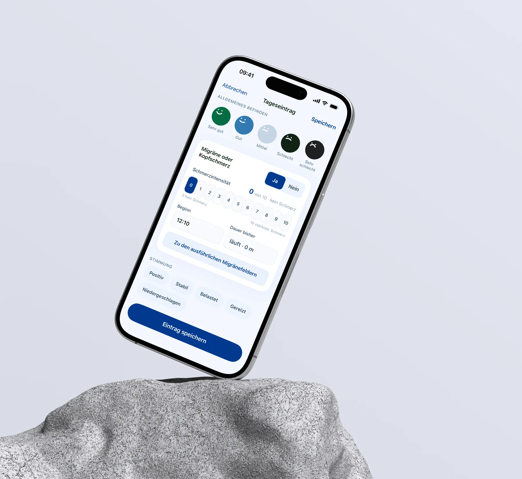 iPhone auf einem Felsen mit dem Tageseintrag in rubi: Befinden per Smiley, Schmerzstärke von 0 bis 10, Beginn und Dauer, Stimmung