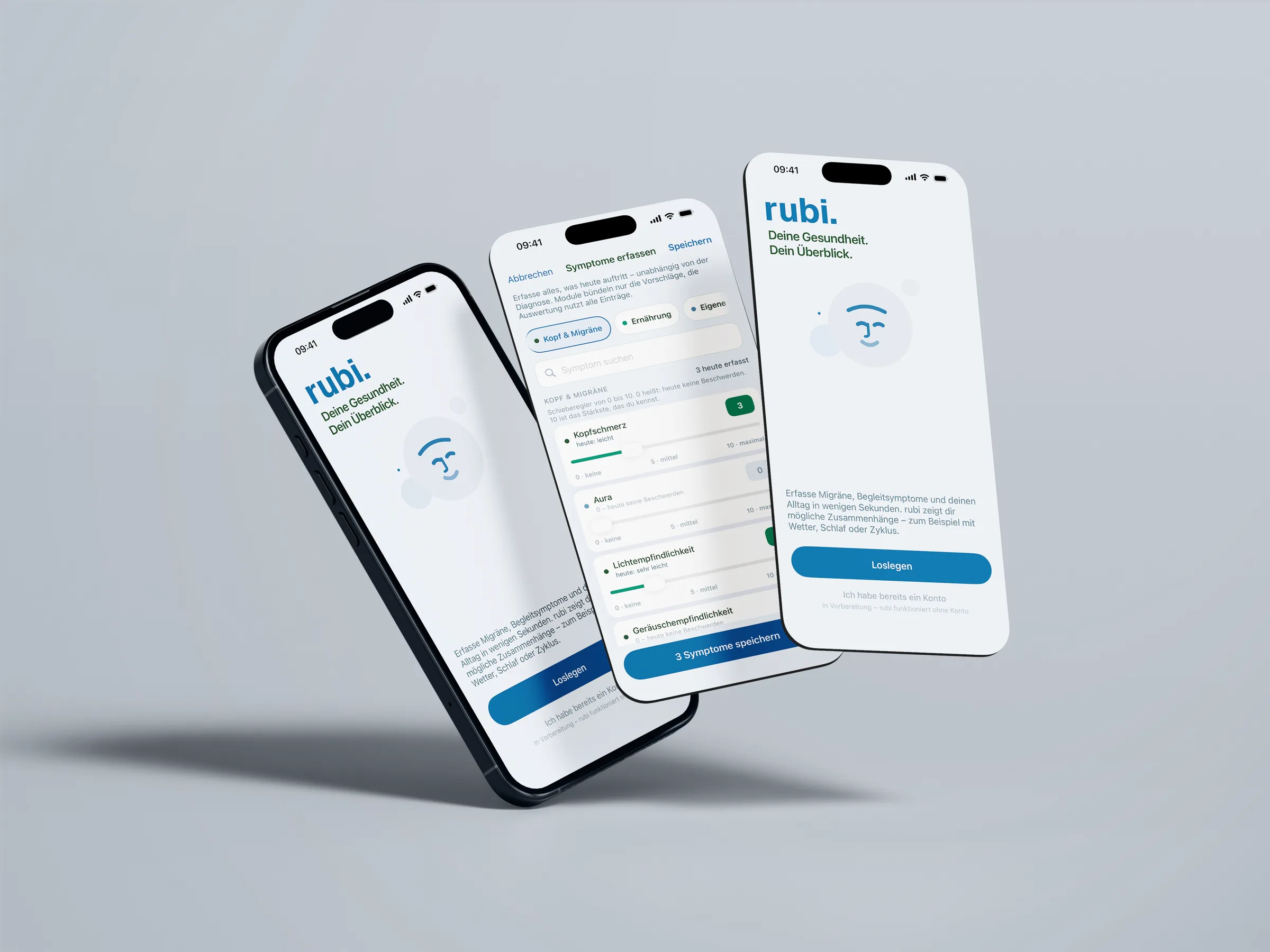 Drei iPhones mit rubi: Willkommensbildschirm, Symptome erfassen und Startseite
