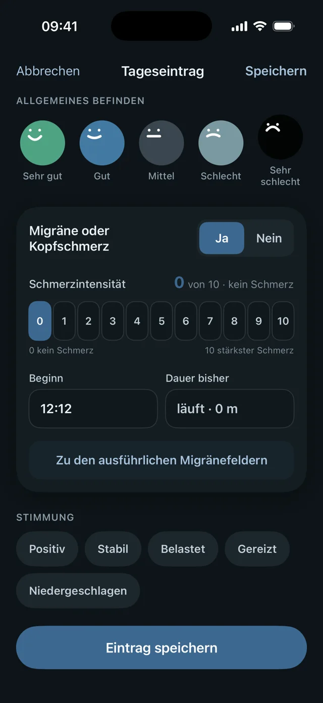 rubi im Dunkelmodus: Tageseintrag mit Befinden, Schmerzstärke und Stimmung