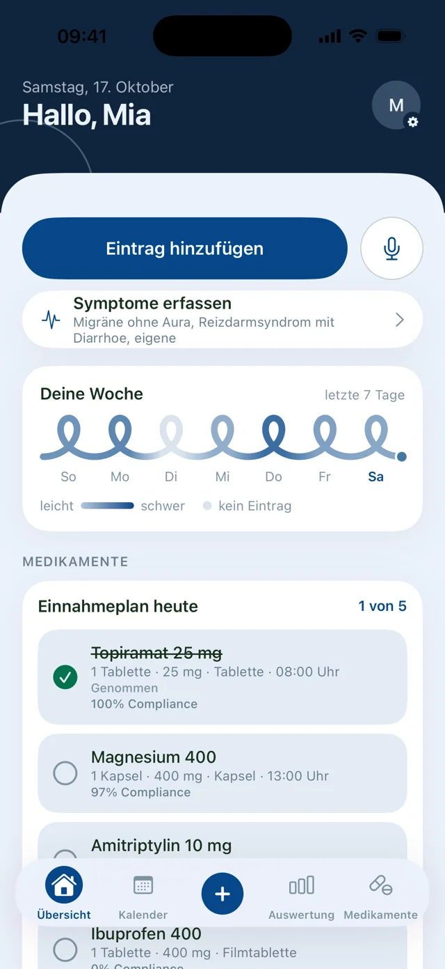 rubi-Startseite: Hallo Mia, Eintrag hinzufügen, Deine Woche als Zyklus-Linie, Einnahmeplan heute