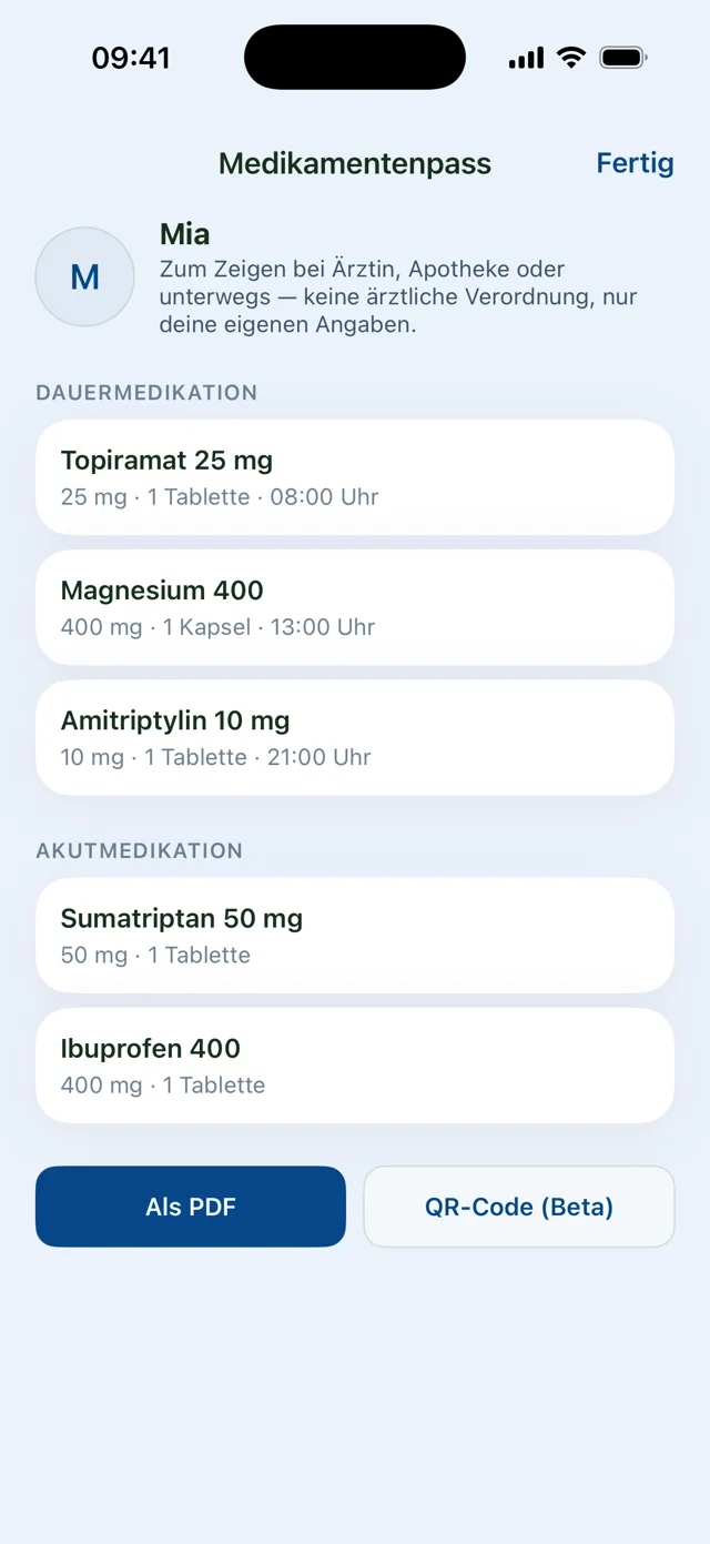 Medikamentenpass in rubi mit Dauer- und Akutmedikation, Export als PDF oder QR-Code