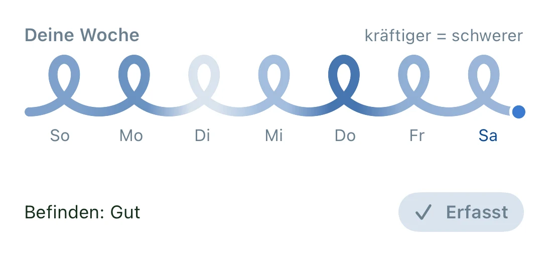 Widget Deine Woche, mittel, hell: sieben Schleifen von Sonntag bis Samstag, Befinden gut, heute erfasst